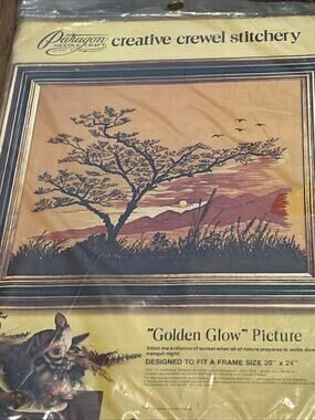 1975 GOLDEN GLOW Sunset PARAGON NEEDLECRAFT Kit Crewel Stitchery 20”x24” NOS